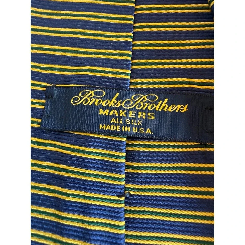 Brooks Brothers Makers Silk Tie Navy Gold Green Repp Stripe Made in USA Mens